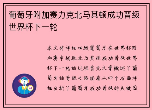 葡萄牙附加赛力克北马其顿成功晋级世界杯下一轮